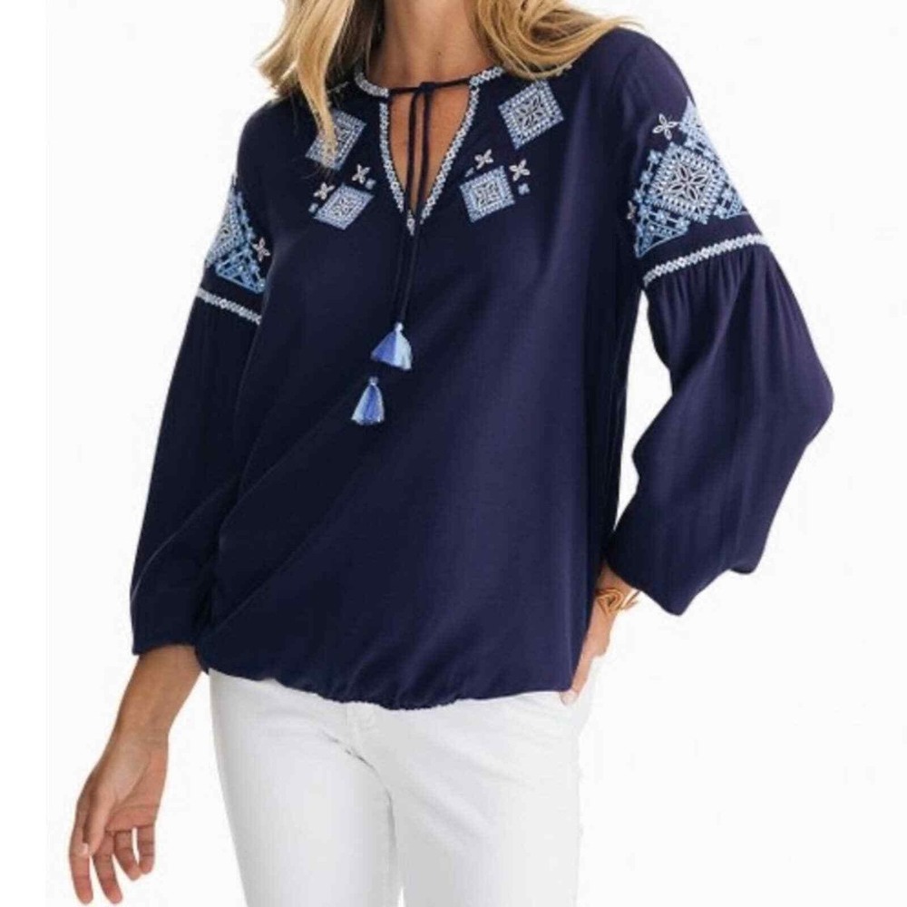 Southern Tide Navy Embroidered Tassel Boho Coastal Blouse Top Medium Rayon